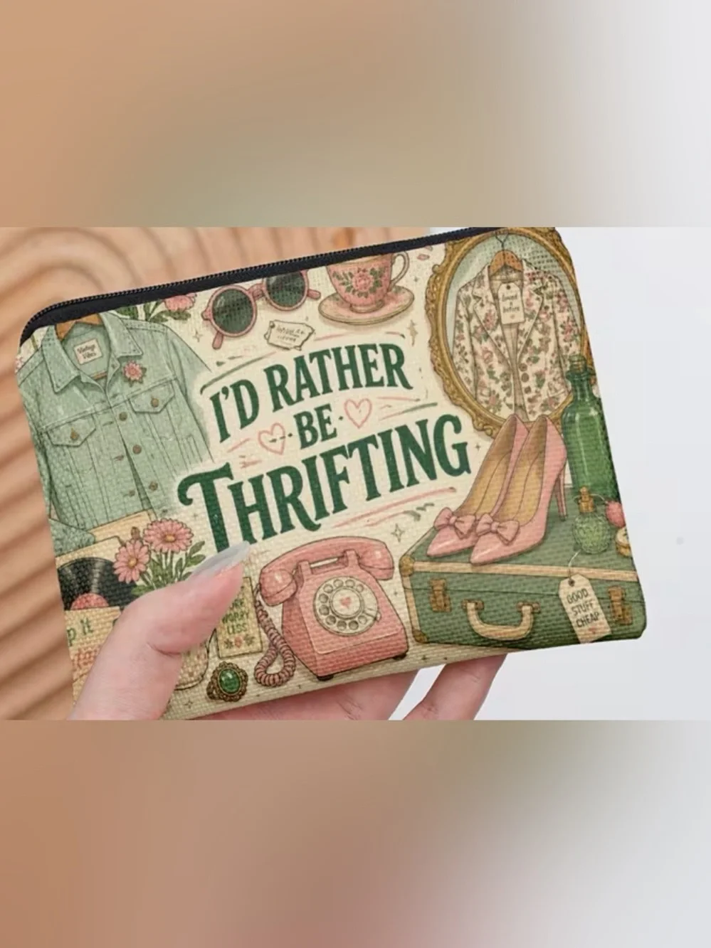 Vintage-Inspired 'I'd Rather Be Thrifting' Cosmetic Bag